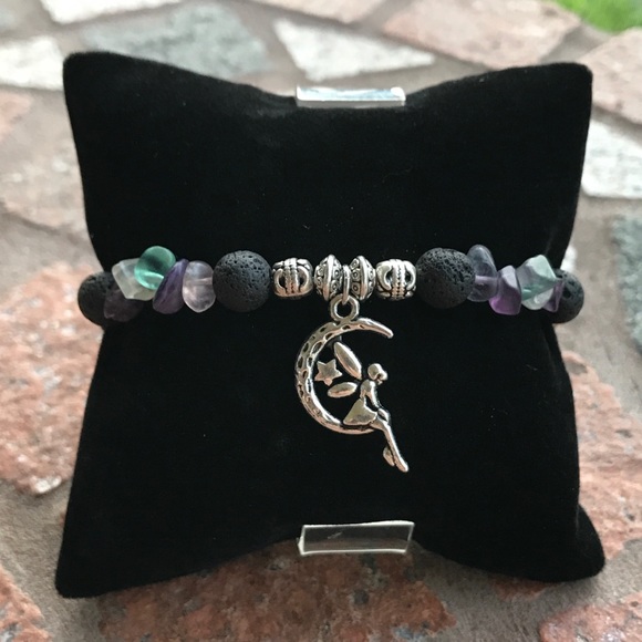 🧚‍♀️Genuine Fluorite & lava rock fairy charm bead bracelet boho - Picture 4 of 9